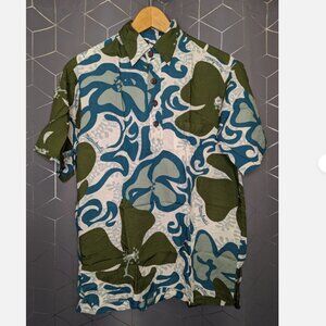 Manuhealii Mens Aloha Pullover Shirt Sz S - Forest/Aqua/Seafoam/White